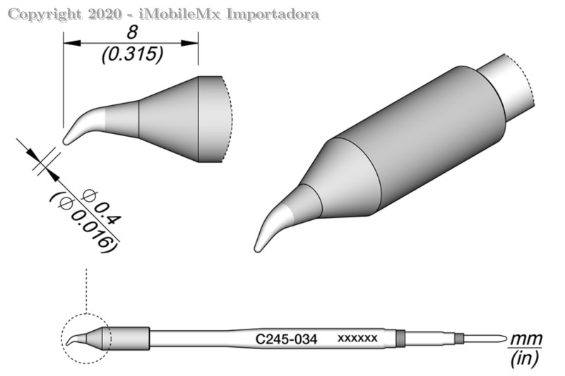 JBC C245034 CARTUCHO PARA CAUTIN PUNTA CONICA CURVA 0.4MM X 8MM PARA T245 T470