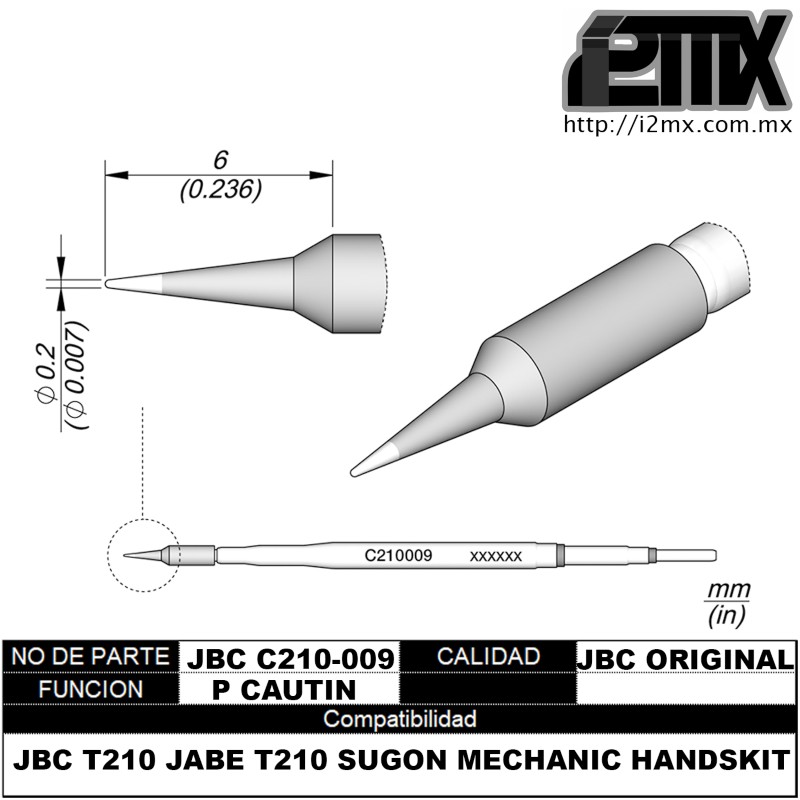 JBC C210009 CARTUCHO PARA CAUTIN PUNTA RECTA FINA DE 0.2MM X 6MM PARA T210