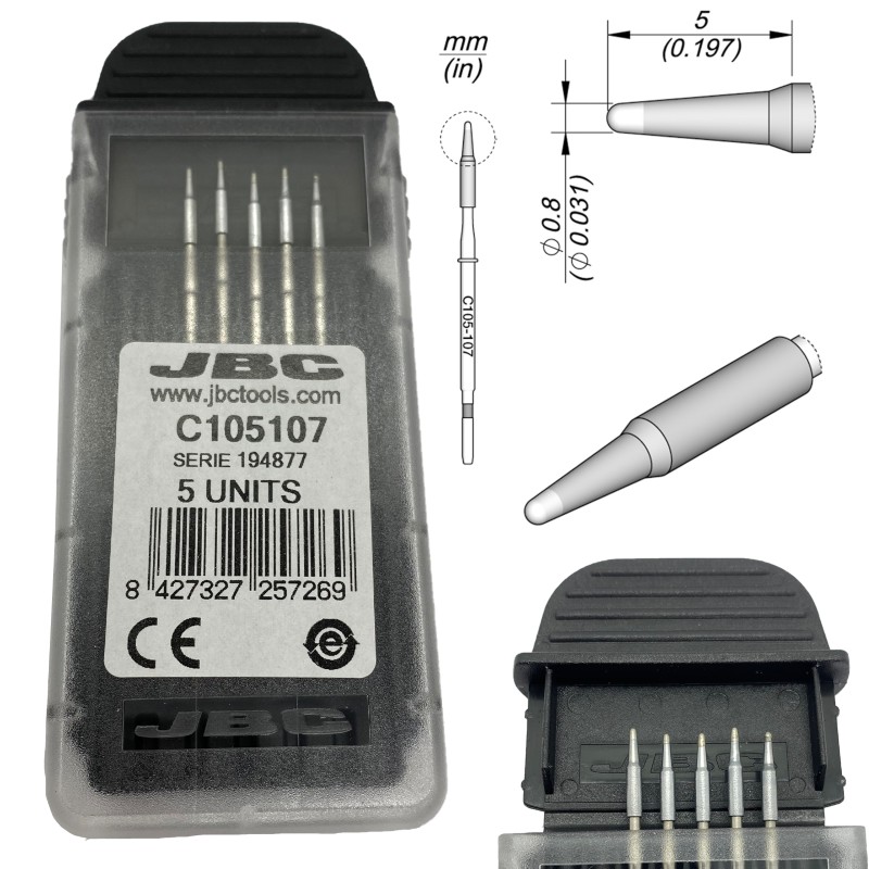 JBC C105107 CARTUCHO PARA CAUTIN PUNTA NANO CONICA RECTA 0.8  MM PARA T105
