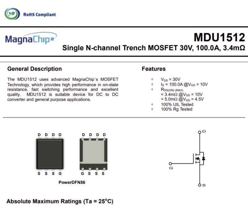 MAGNACHIPS MDU1512 SINGLE N-CHANNEL TRENCH MOSFET 30V 100A