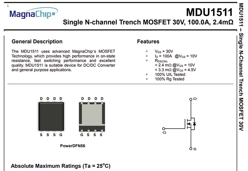 MDU1511 30V 100A N-CHANNEL MOSFET PowerDFN56